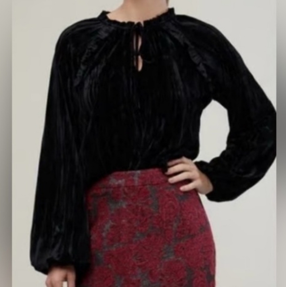 Rachel Parcell Black Long Sleeve Crinkle Velvet Blouse